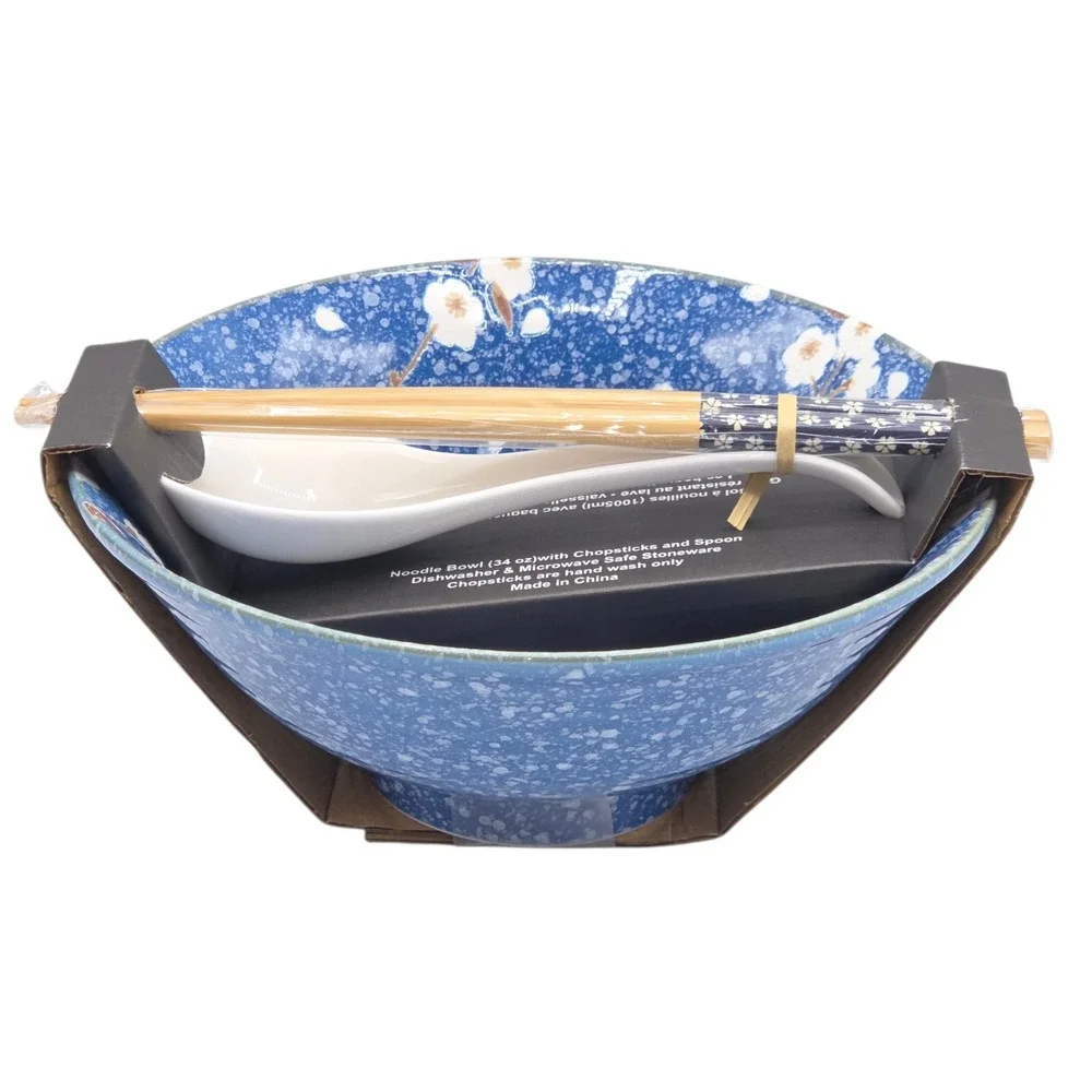 SH Home Sakura Cherry Blossom Ceramic Ramen Noodle Bowl Blue w/ Chopsticks Spoon